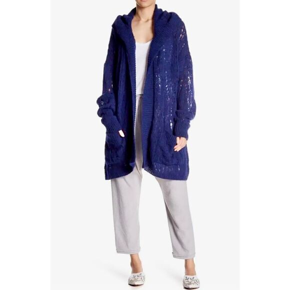 FREE PEOPLE LEMON DROP CARDIGAN SWEATER HOODIE Navy Alpaca size S - Picture 1 of 8